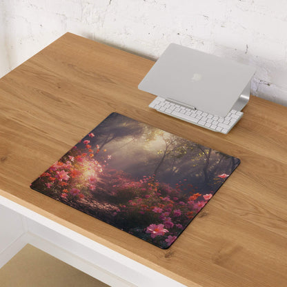 Floral garden gaming mouse pad with pink orange sunlit flowers