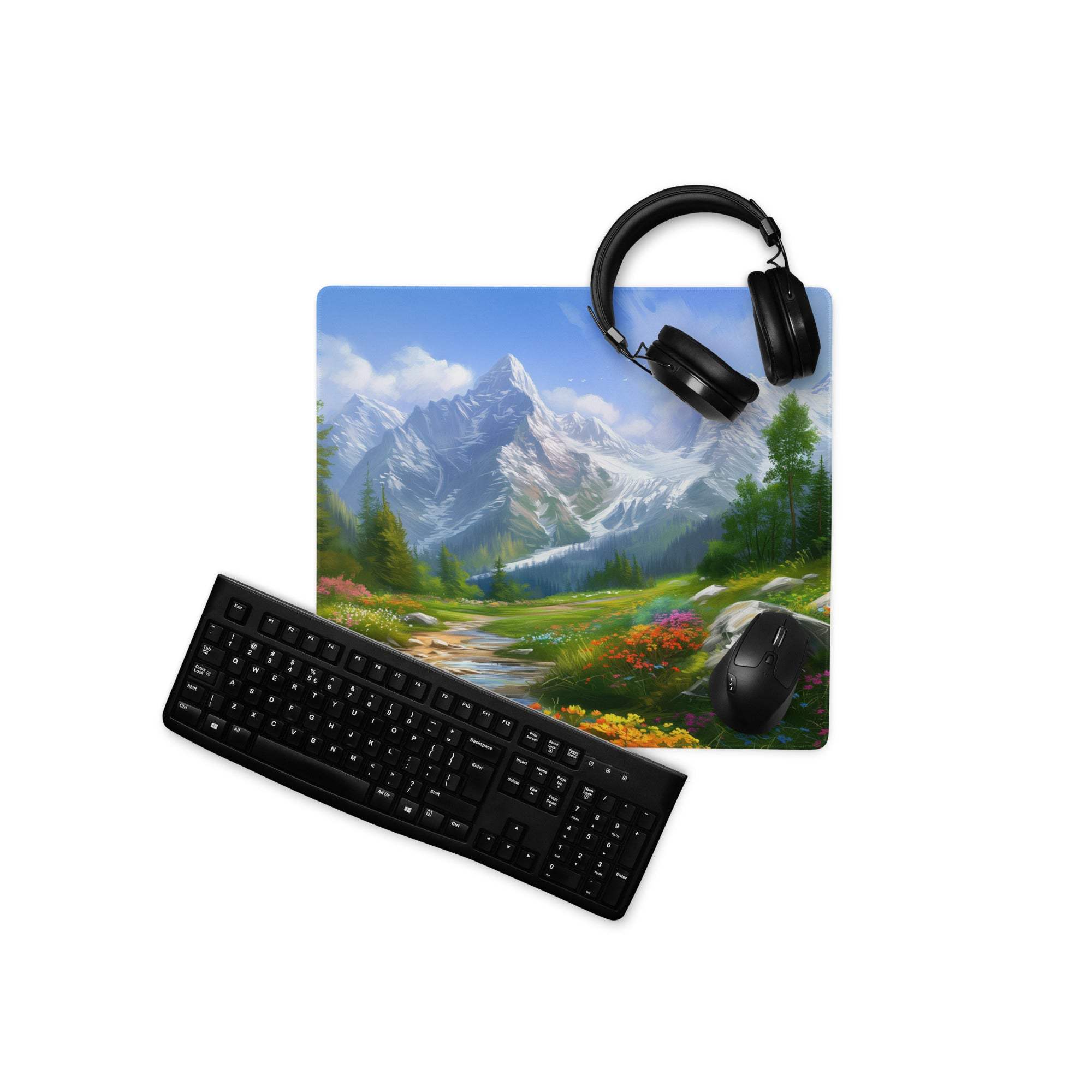Black over-ear headphones on vibrant mountain gaming mouse pad