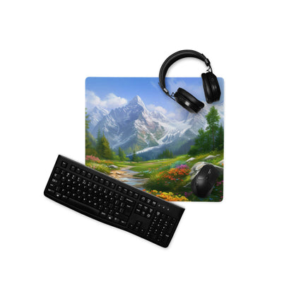 Black over-ear headphones on vibrant mountain gaming mouse pad