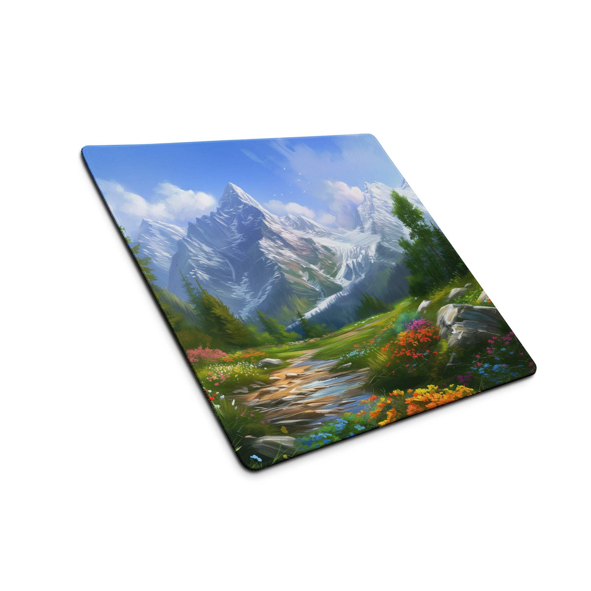 Vibrant mountain landscape gaming mouse pad with snow-capped peaks and non-slip base