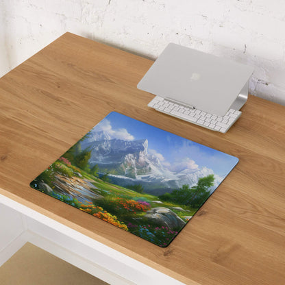 Vibrant mountain landscape gaming mouse pad with snow-capped peaks and wildflowers