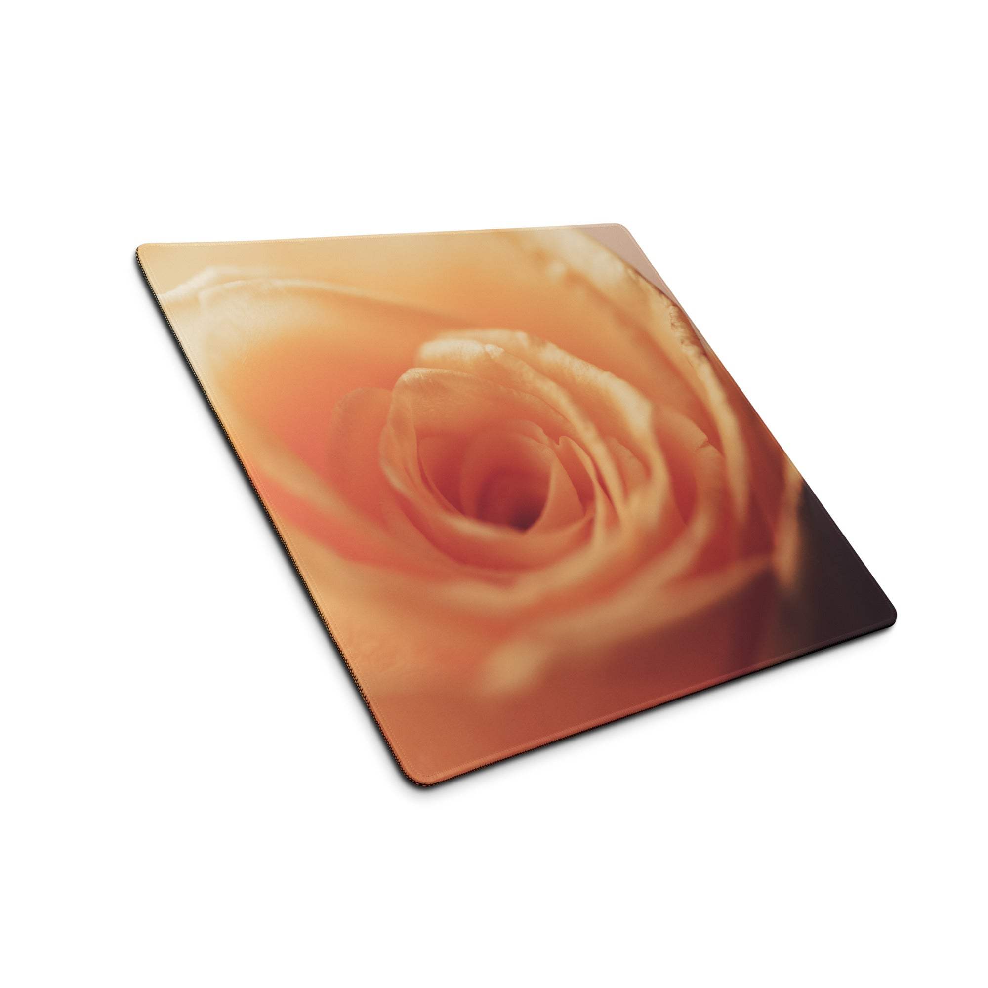 Large romantic peach rose gaming mouse pad with edge stitching