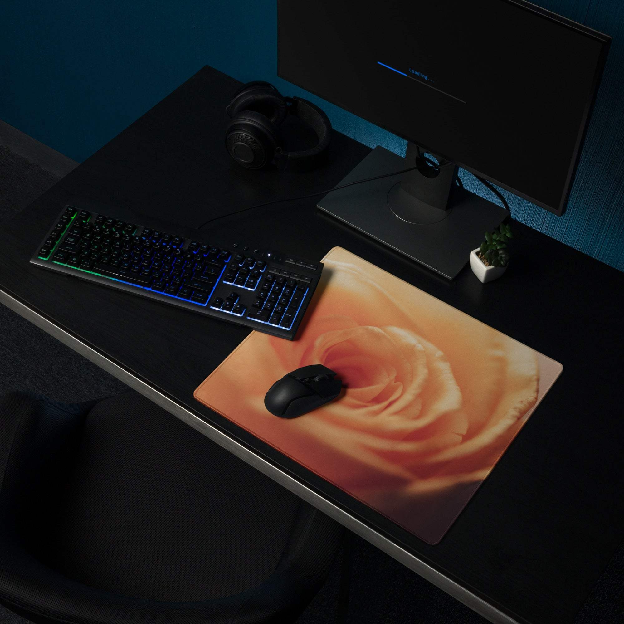 Large Romantic Peach Rose gaming mouse pad with orange rose print