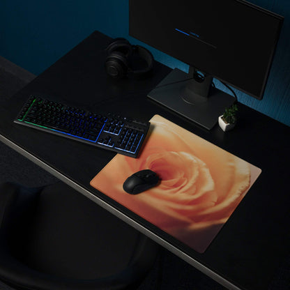 Large Romantic Peach Rose gaming mouse pad with orange rose print
