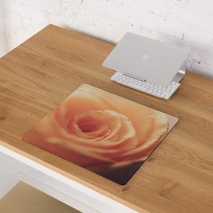 Large romantic peach rose gaming mouse pad with edge stitching, non-slip backing