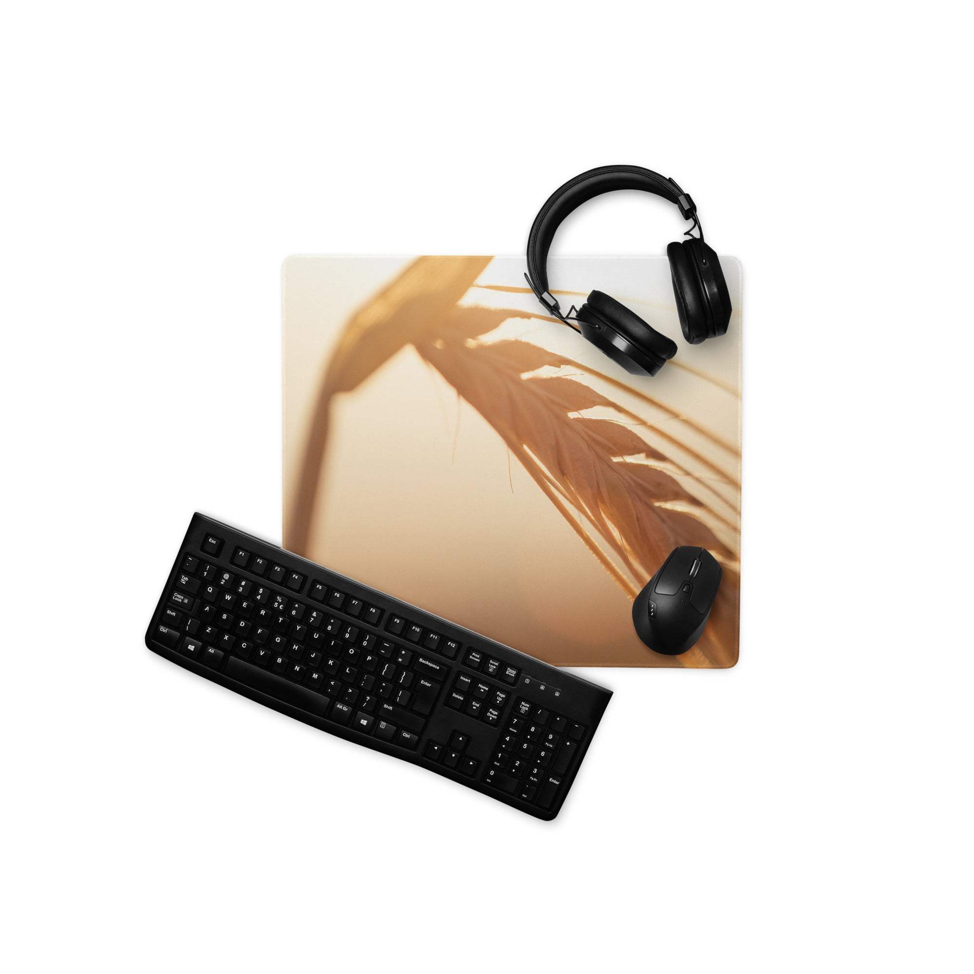 Sunset style golden wheat field warm glow gaming mouse pad with leaf patterns