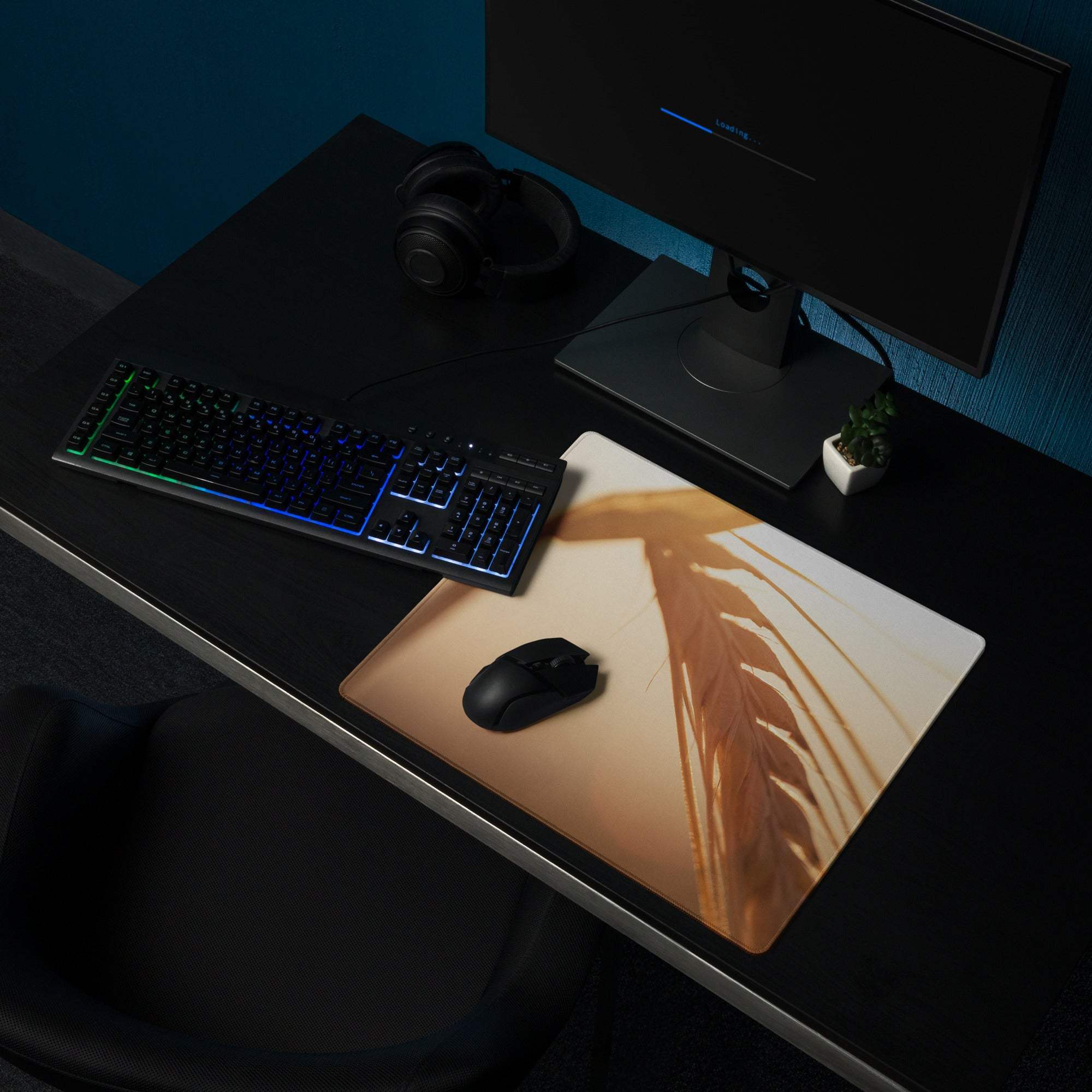 Sunset style golden wheat field warm glow gaming mouse pad with feather design