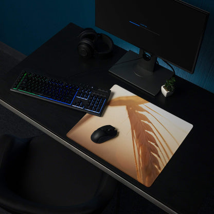 Sunset style golden wheat field warm glow gaming mouse pad with feather design