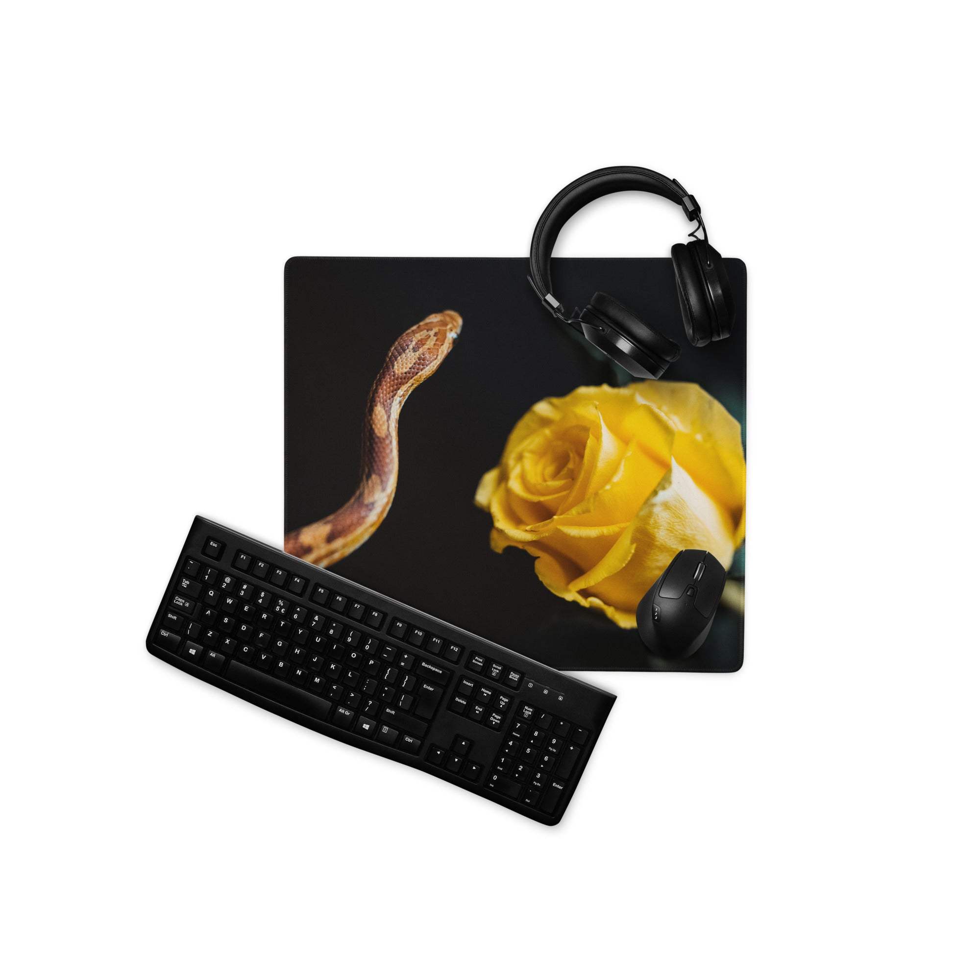 Elegant black gaming mouse pad with yellow rose and brown snake