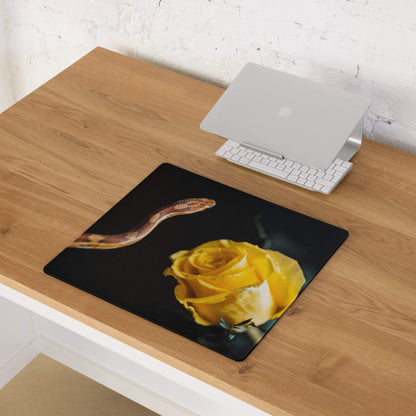 Elegant black gaming mouse pad with yellow rose and snake design