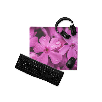 Pink floral bloom gaming mouse pad with water droplets, non-slip base