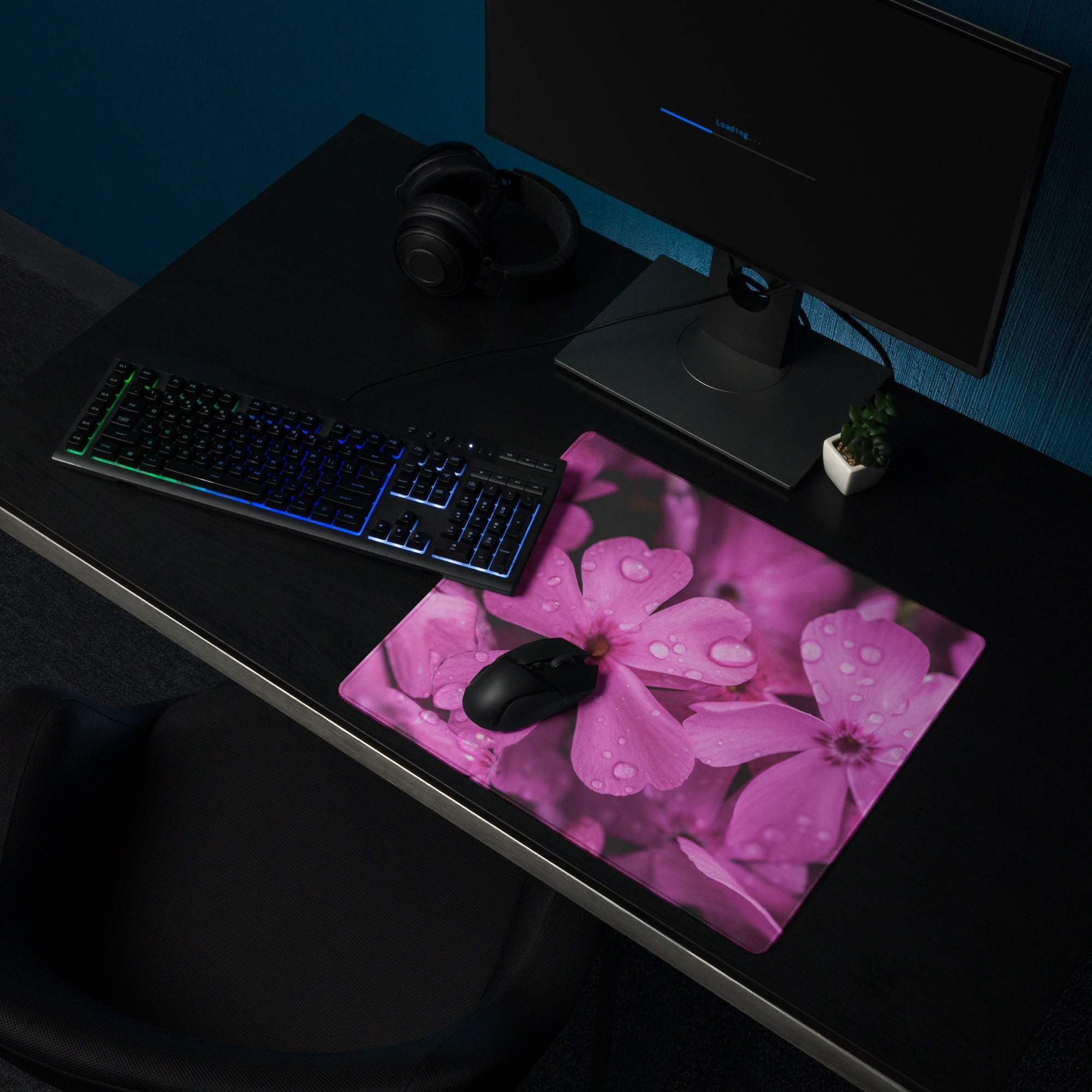 Pink floral gaming mousepad with water droplet design, non-slip base