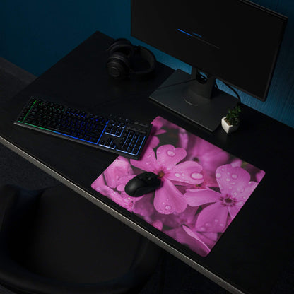 Pink floral gaming mousepad with water droplet design, non-slip base