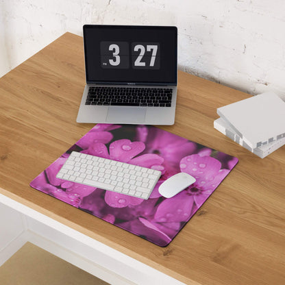 Vibrant pink floral bloom gaming mousepad with water droplets, non-slip base
