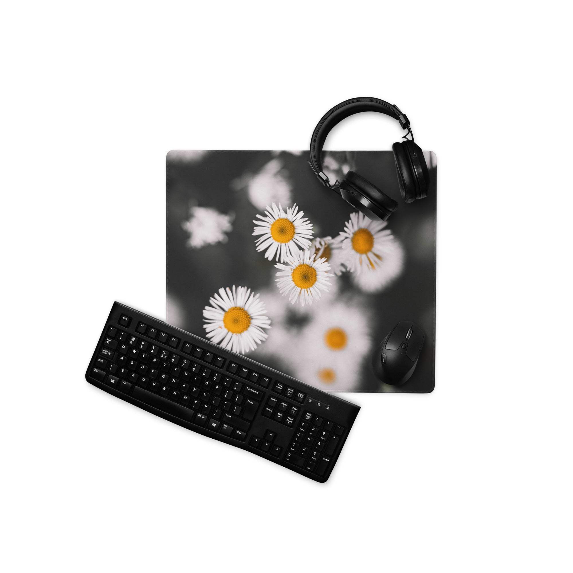 Black and white daisy field gaming mouse pad with matte finish