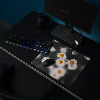 Elegant monochrome daisy field gaming mouse pad, grayscale design, non-slip base