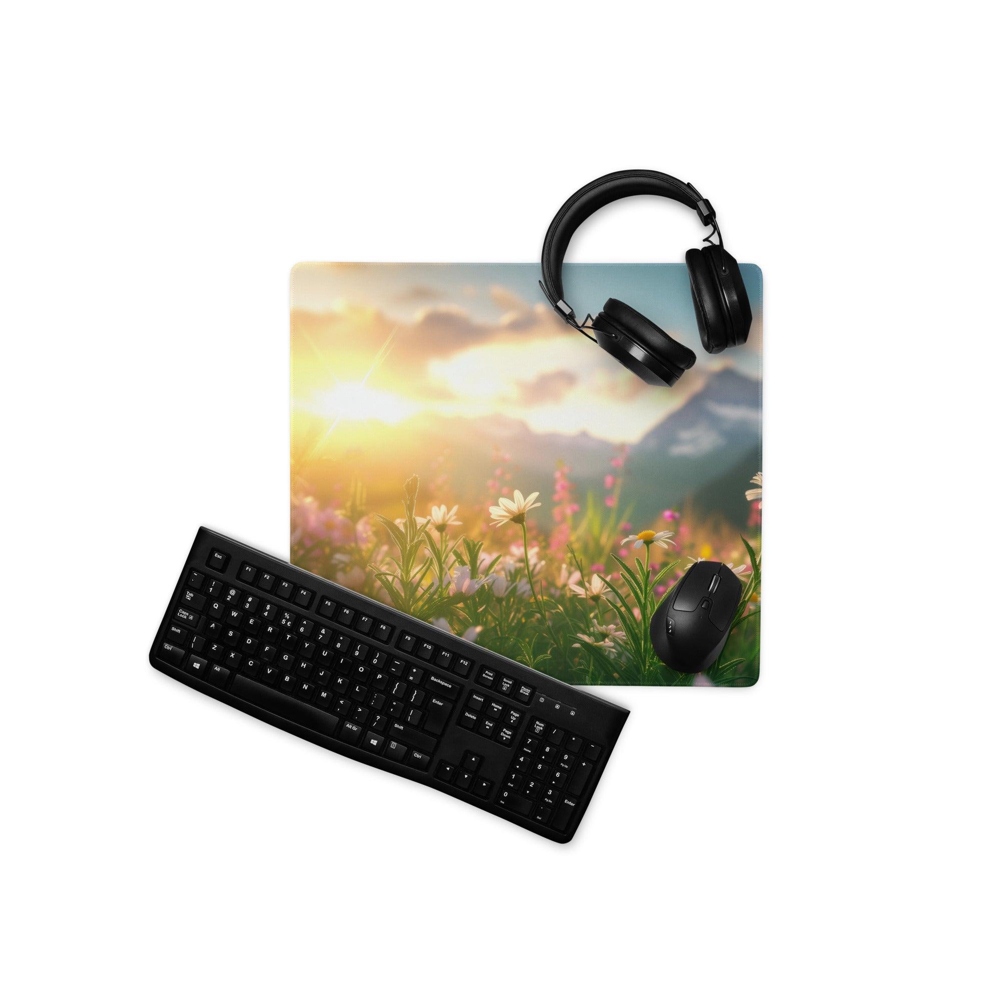 Black keyboard and mouse on Sunlit Meadow gaming mousepad with sunset field