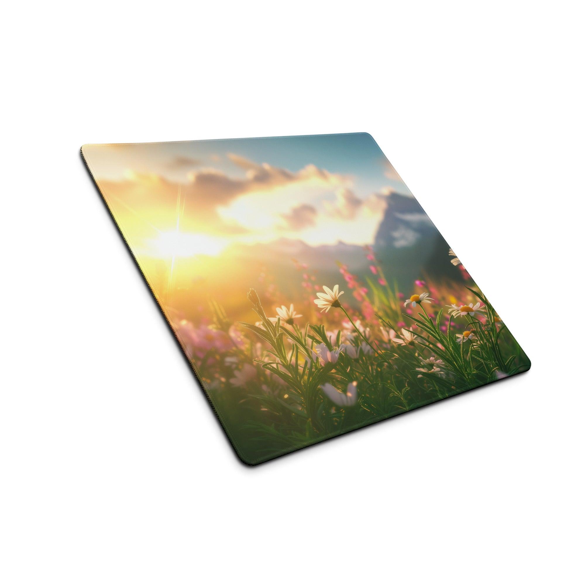 Sunlit Meadow large gaming mouse pad with vibrant sunset over wildflowers