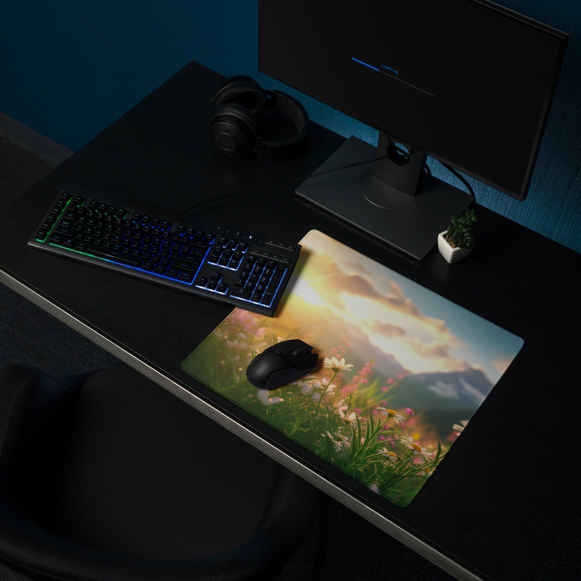 Sunlit Meadow large gaming mouse pad with wildflowers and mountains