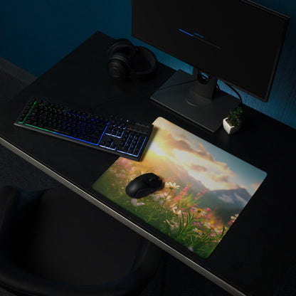Sunlit Meadow large gaming mouse pad with wildflowers and mountains