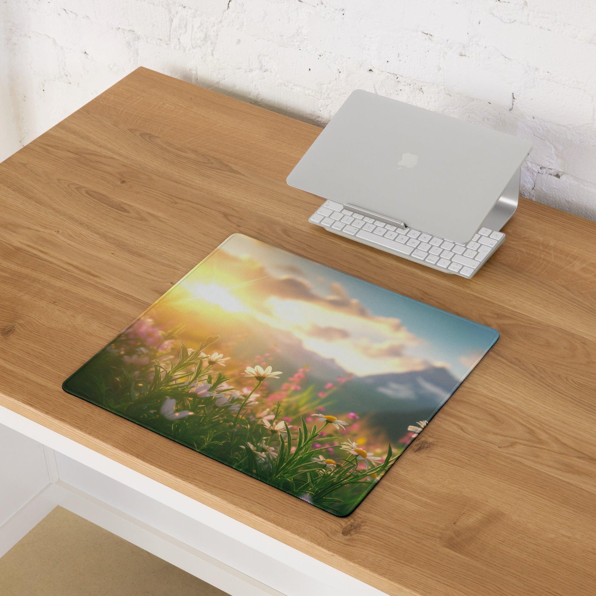 Sunlit Meadow large gaming mouse pad with vibrant sunset over wildflowers