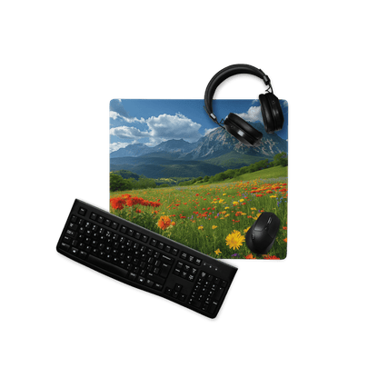 Black wireless keyboard mouse set on vibrant mountain meadow mousepad