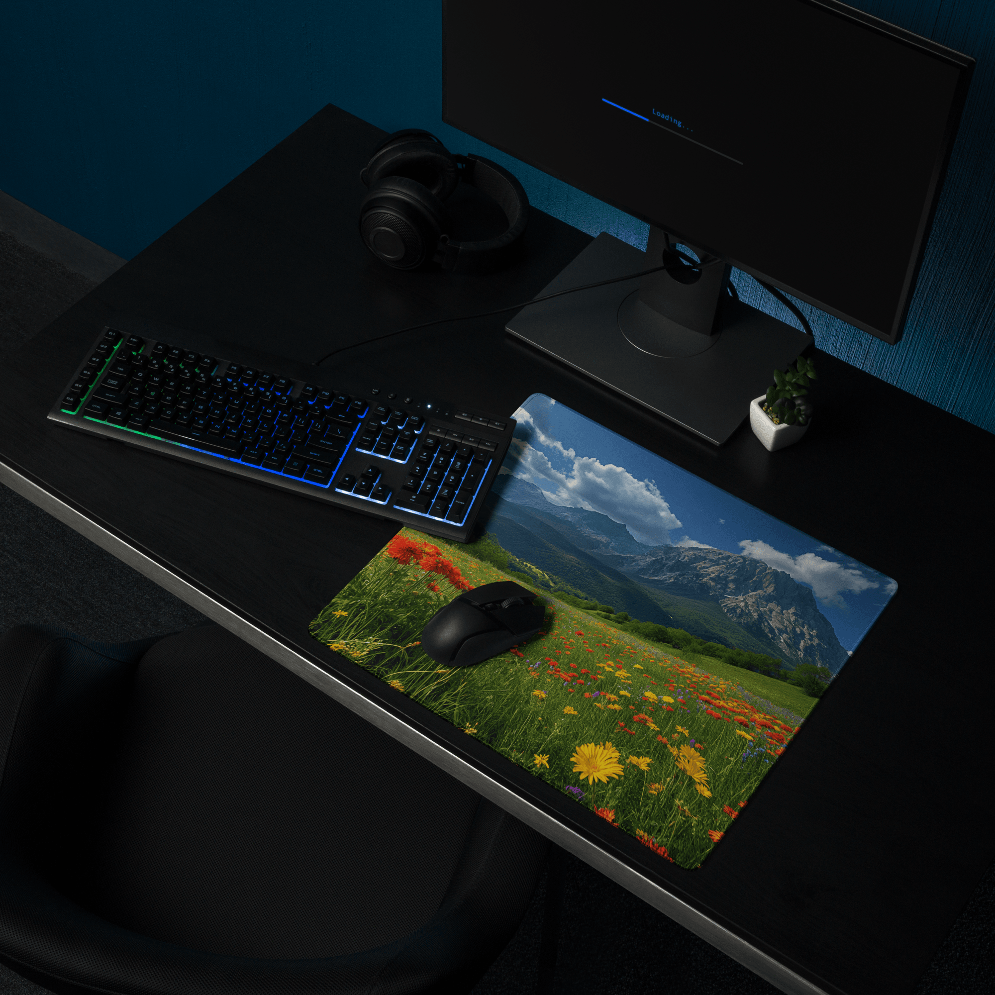 Vibrant wildflower meadow with mountain range gaming mouse pad