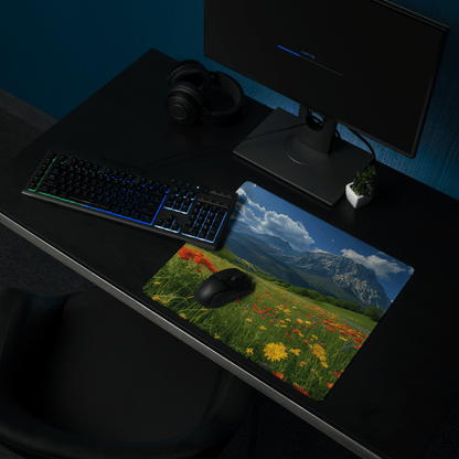 Vibrant wildflower meadow with mountain range gaming mouse pad