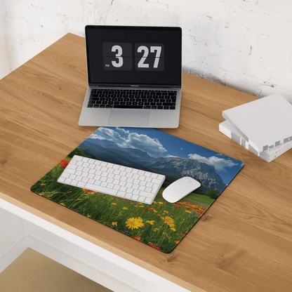 Vibrant meadow field mouse pad with mountains, wildflowers, non-slip gaming desk mat