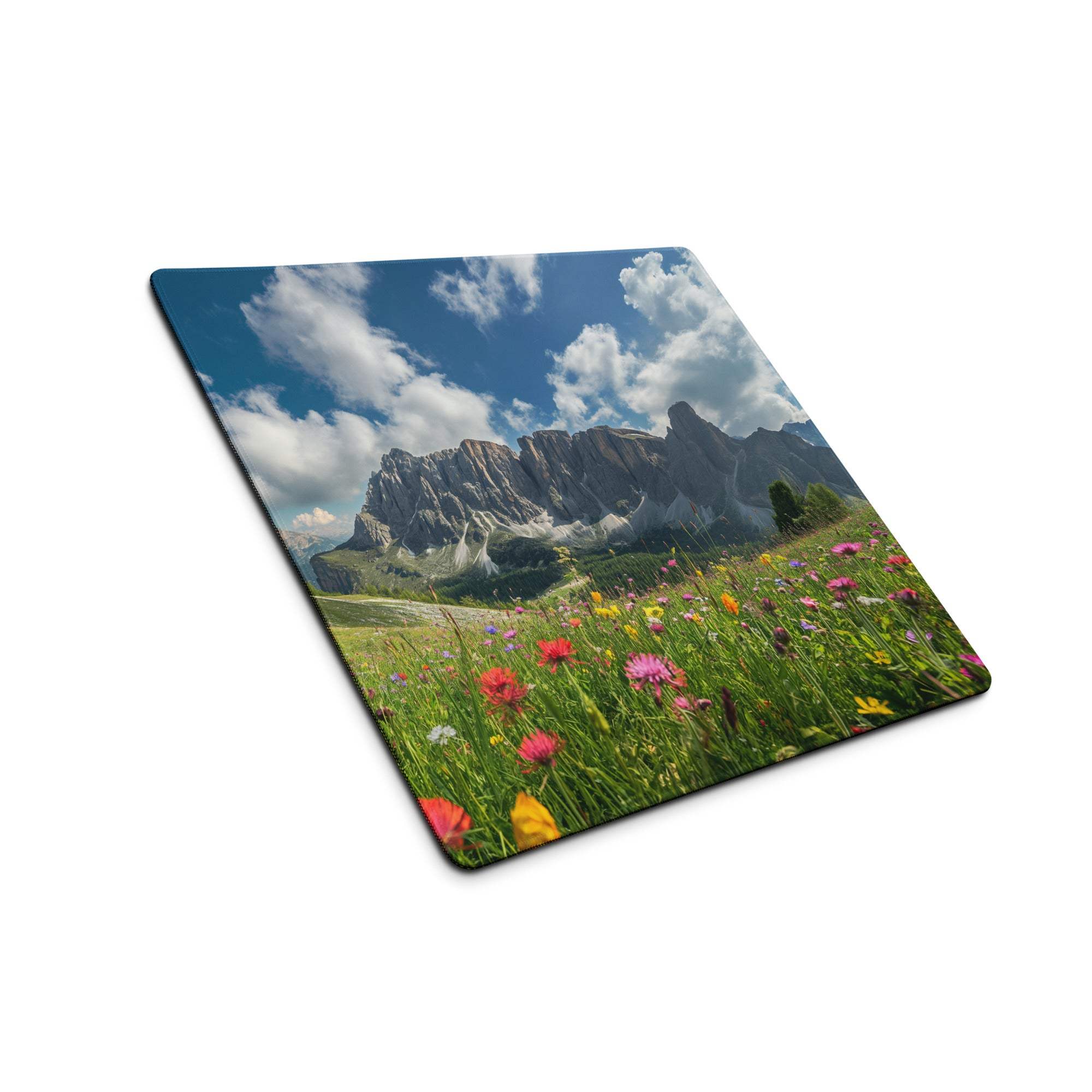 Vibrant landscape mouse pad with mountain range and colorful wildflowers