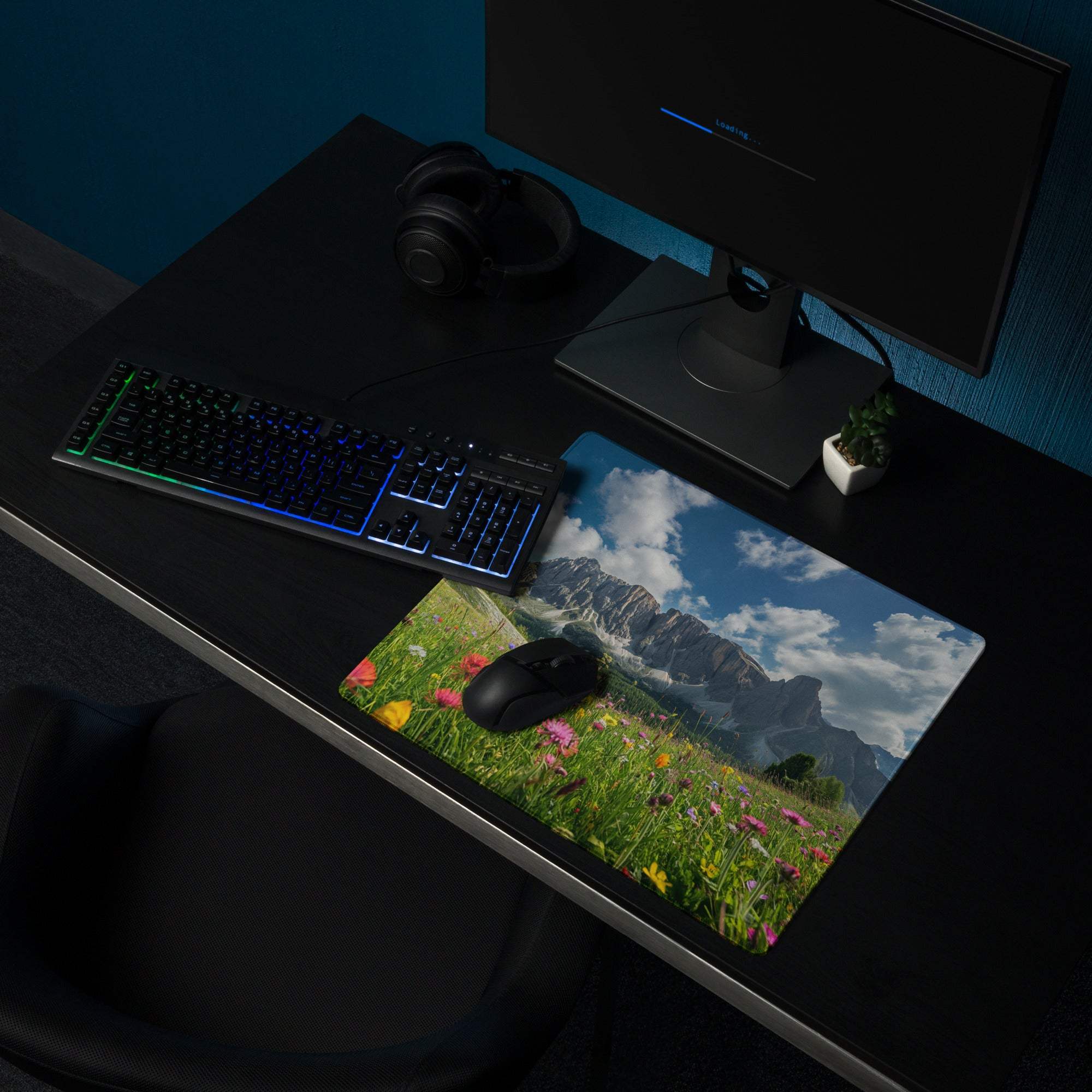 Epic Majestic large gaming mousepad with vivid meadow, mountains, non-slip base