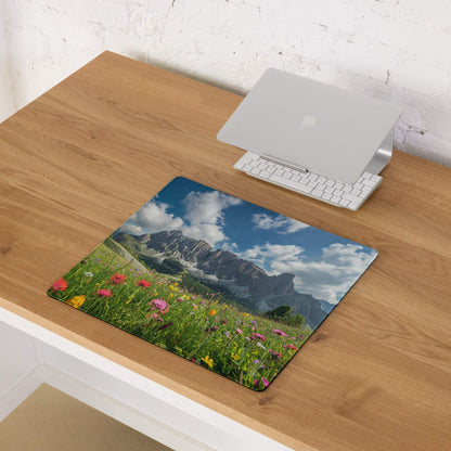 Vibrant meadow field with mountain range gaming mouse pad