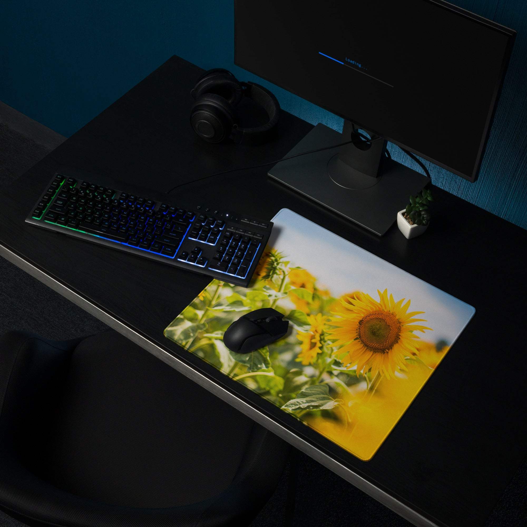 Vibrant sunflower field gaming mouse pad with non-slip backing