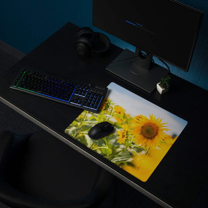Vibrant sunflower field gaming mouse pad with non-slip backing