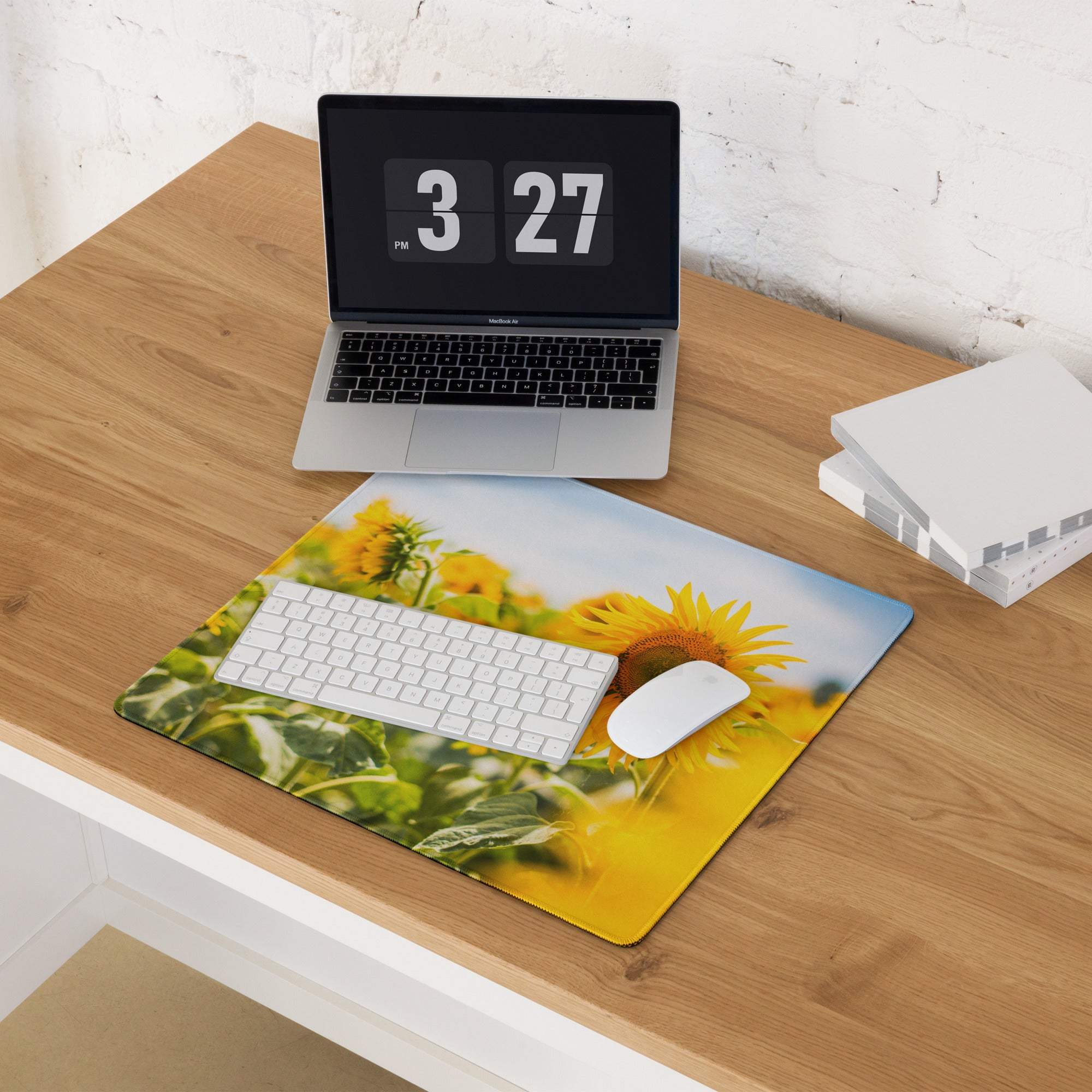 Vibrant yellow sunflower field gaming mouse pad with soft textured surface