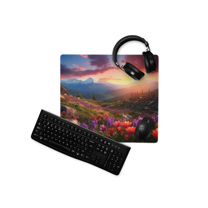 Black keyboard, mouse, and headphones on vibrant sunset meadow gaming mouse pad