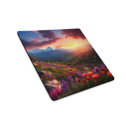 Vibrant sunset mountains gaming mouse pad with wildflowers, large stitched non-slip base