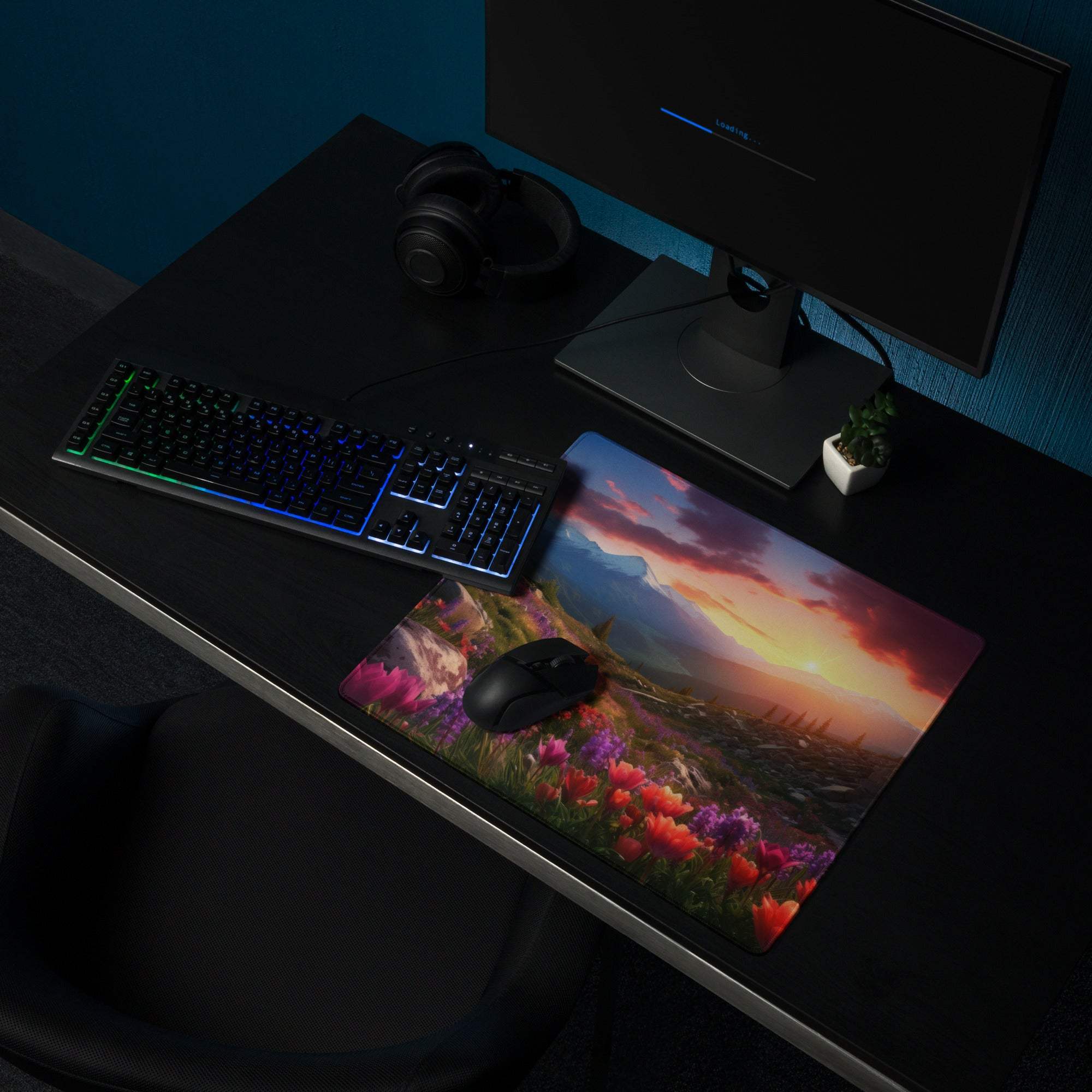 Vibrant sunset landscape gaming mouse pad with pink purple flowers, large size, stitched edges, non-slip base