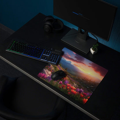 Vibrant sunset landscape gaming mouse pad with pink purple flowers, large size, stitched edges, non-slip base