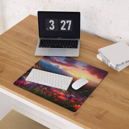 Vibrant sunset over mountains gaming mouse pad with wildflowers, large stitched non-slip base