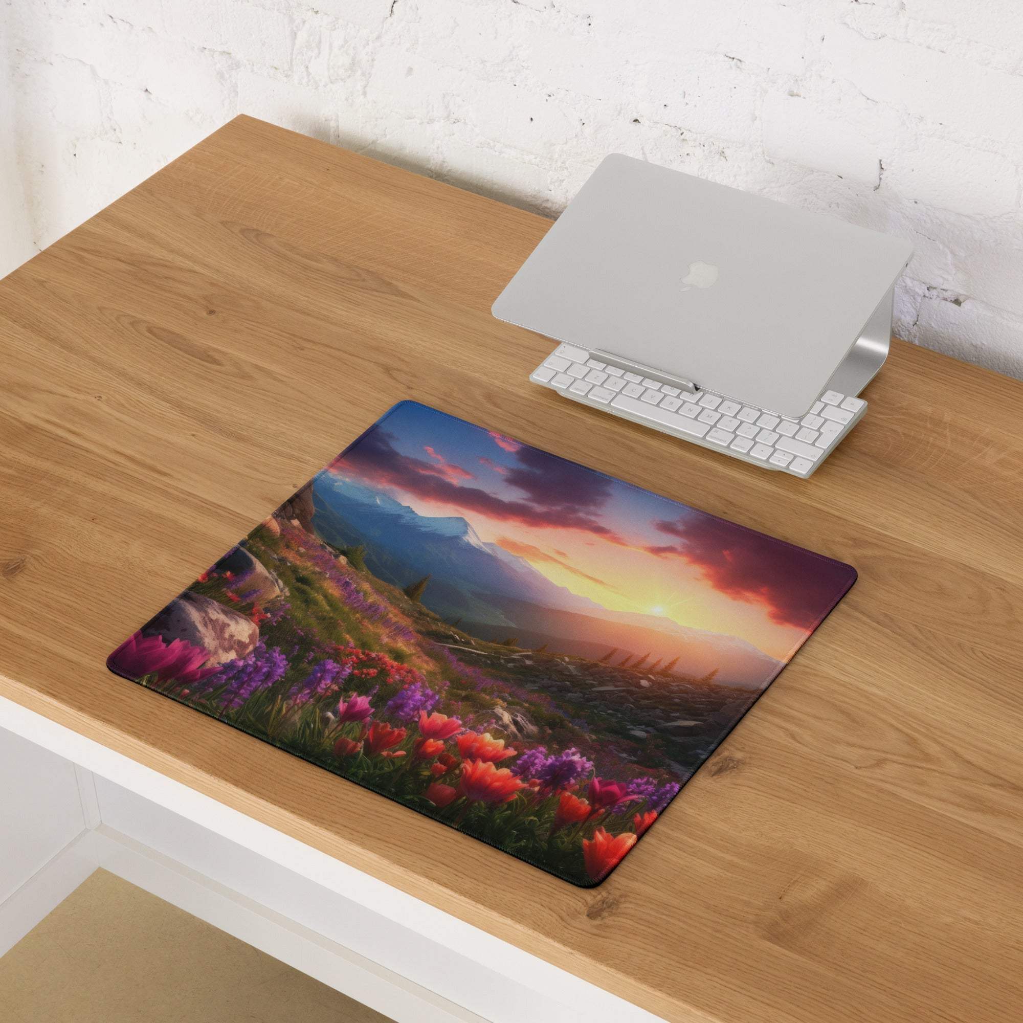 Vibrant sunset mountains gaming mouse pad with flowers, large stitched non-slip base
