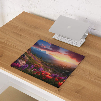Vibrant sunset mountains gaming mouse pad with flowers, large stitched non-slip base