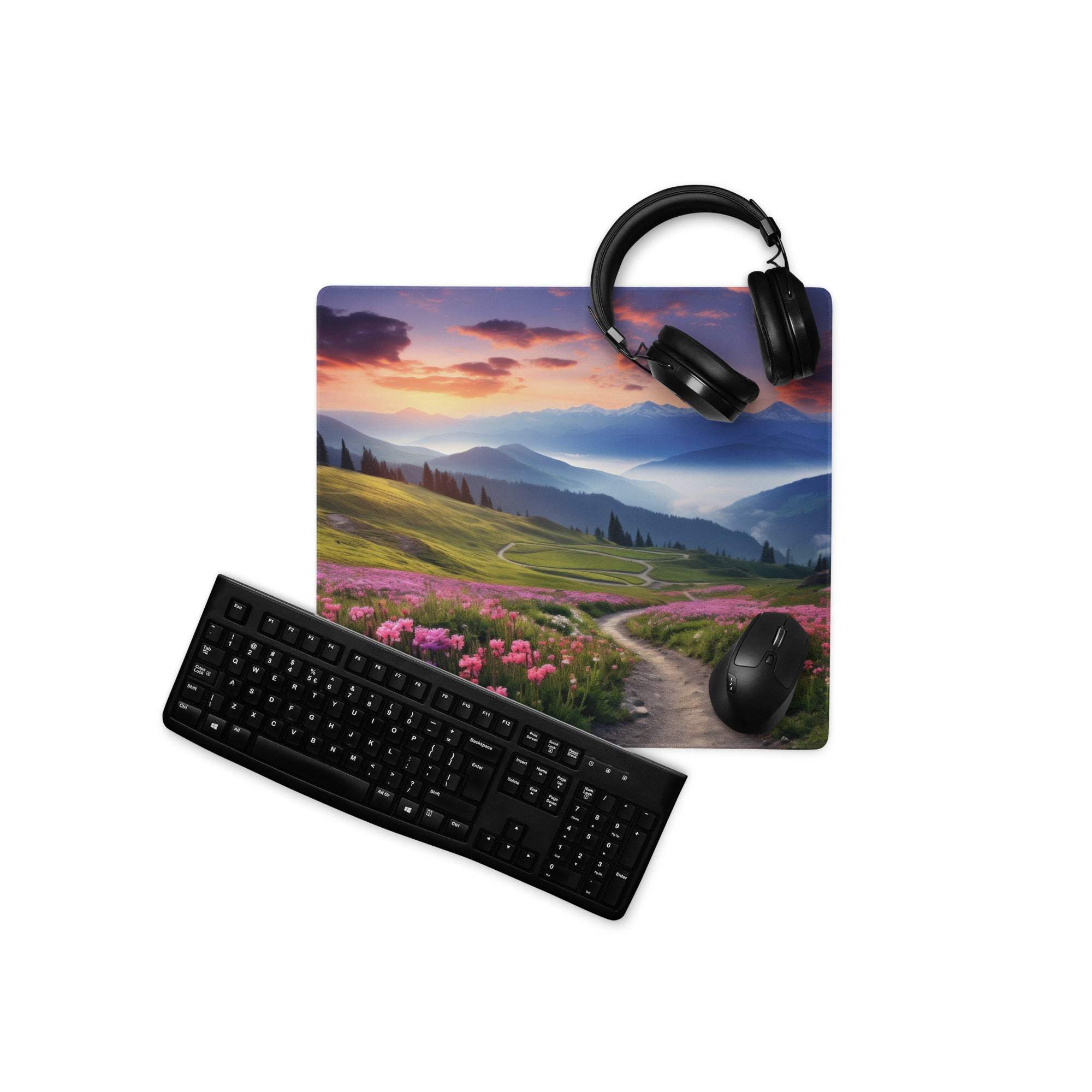 Black gaming keyboard and mouse on epic sunset violet pink flower meadow mousepad