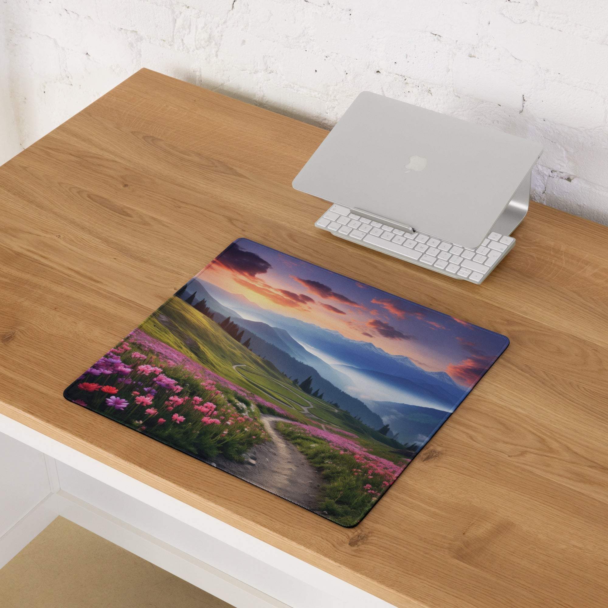 Epic Landscape Sunset Violet Pink Flower Meadow Gaming Mouse Pad