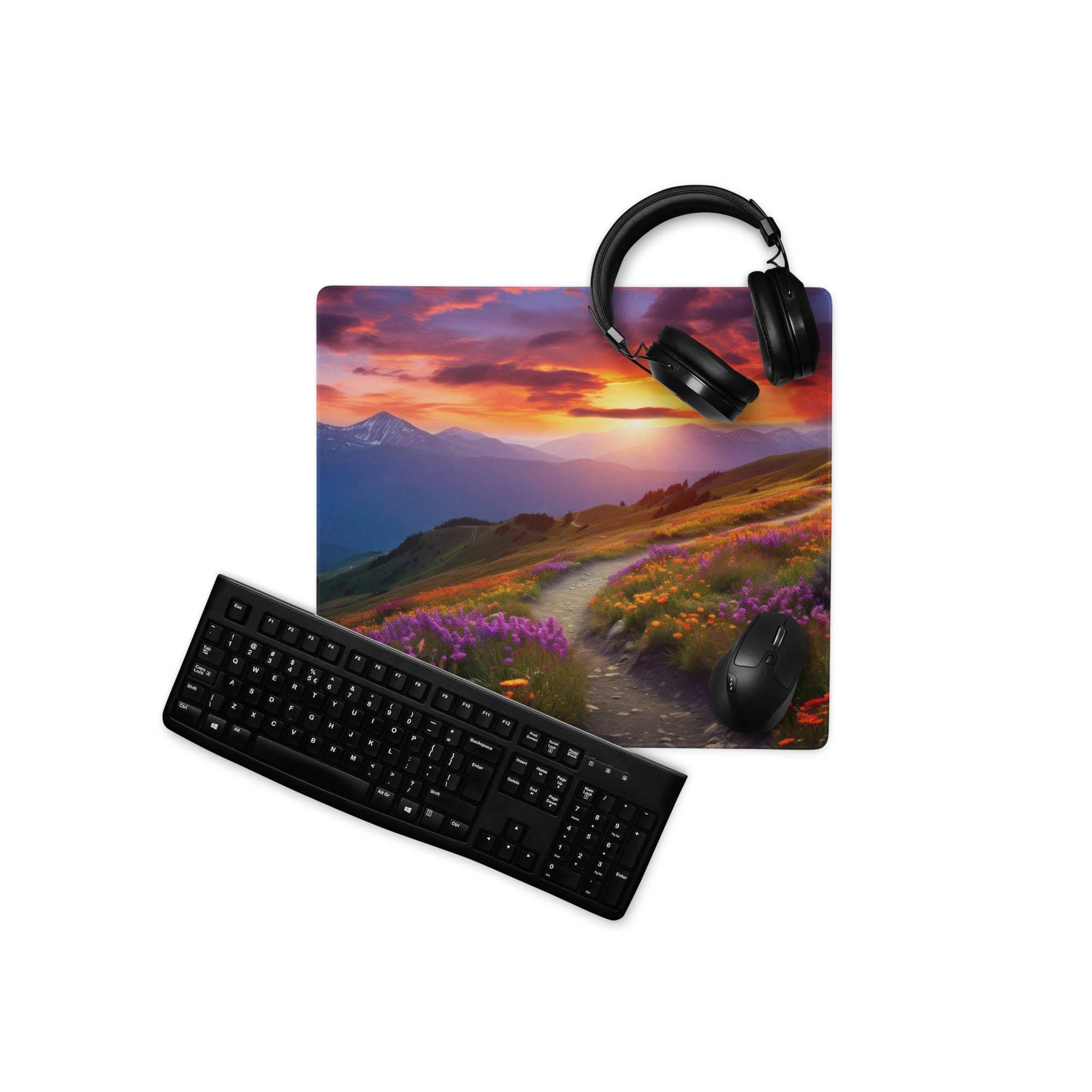 Black matte QWERTY keyboard on Scenic Mountain Sunset gaming mouse pad
