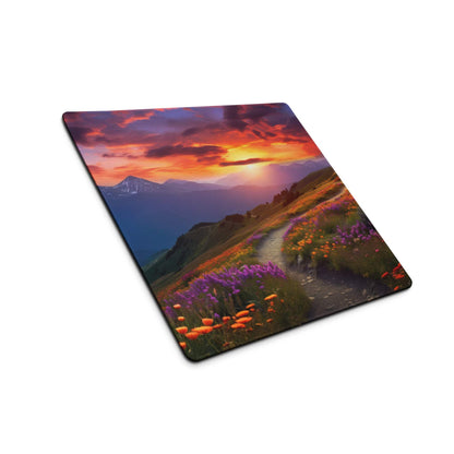 Large scenic mountain sunset meadow gaming mouse pad with vibrant wildflowers