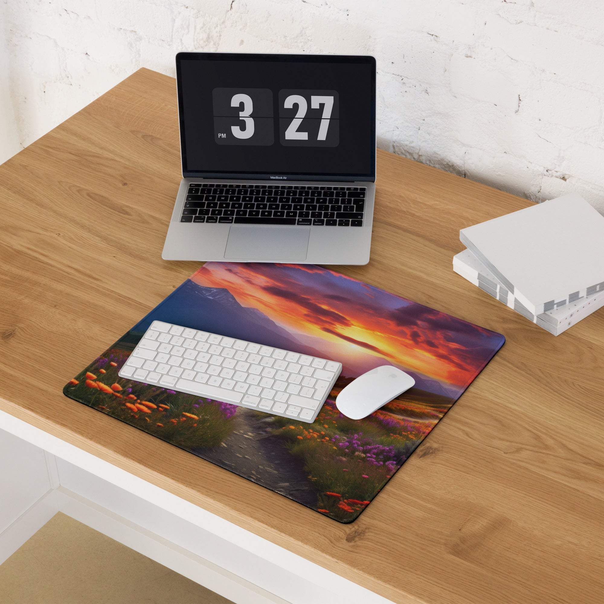 Scenic Mountain Sunset Meadow gaming mouse pad with vibrant sunset over mountains and wildflowers