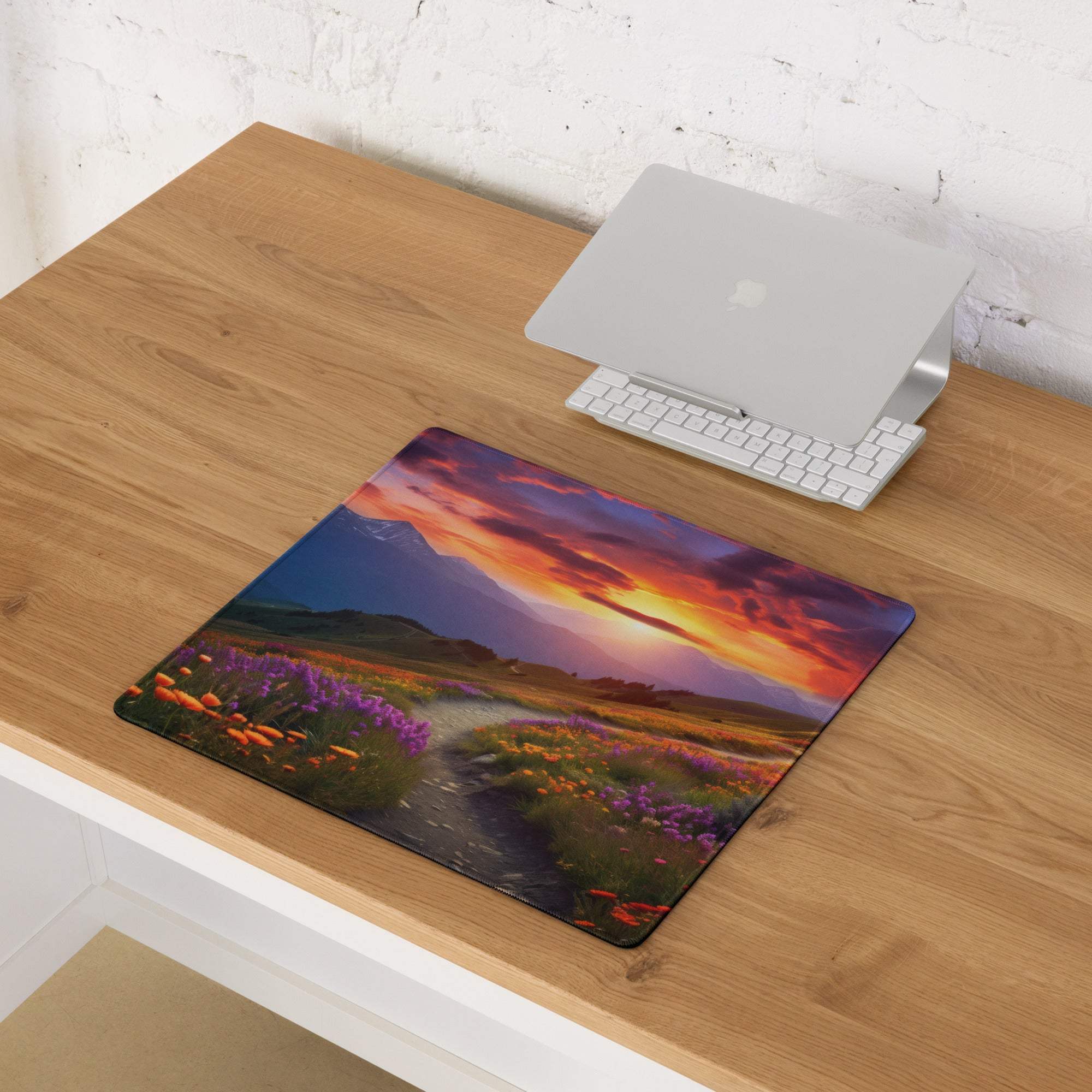 Scenic mountain sunset meadow mouse pad with purple orange wildflowers