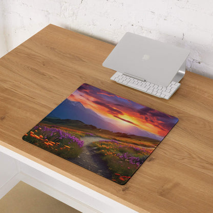 Scenic mountain sunset meadow mouse pad with purple orange wildflowers