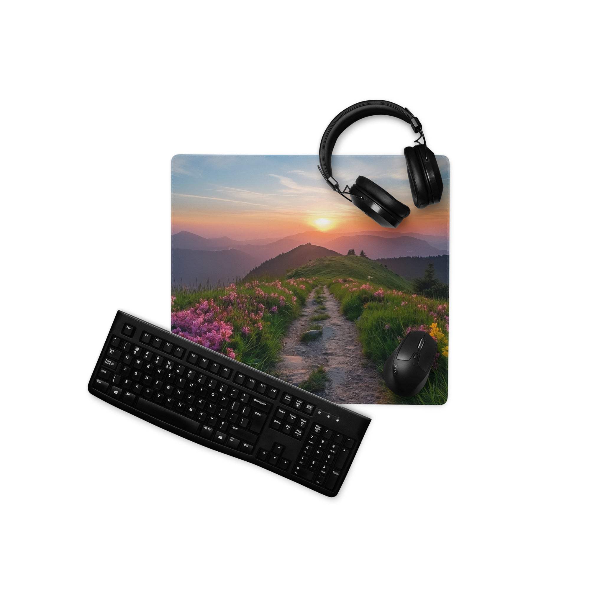 Black wireless QWERTY keyboard on vibrant sunset mountain gaming mouse pad
